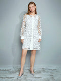 Step into the spotlight with this playful white mini dress, adorned with delicate 3D floral sequins that shimmer with every move. Perfect for romantic holiday celebrations, its elegant design combines charm and sparkle, making you the star of any festive occasion. Flirty and fun, this dress brings a fresh, enchanting vibe to your wardrobe.