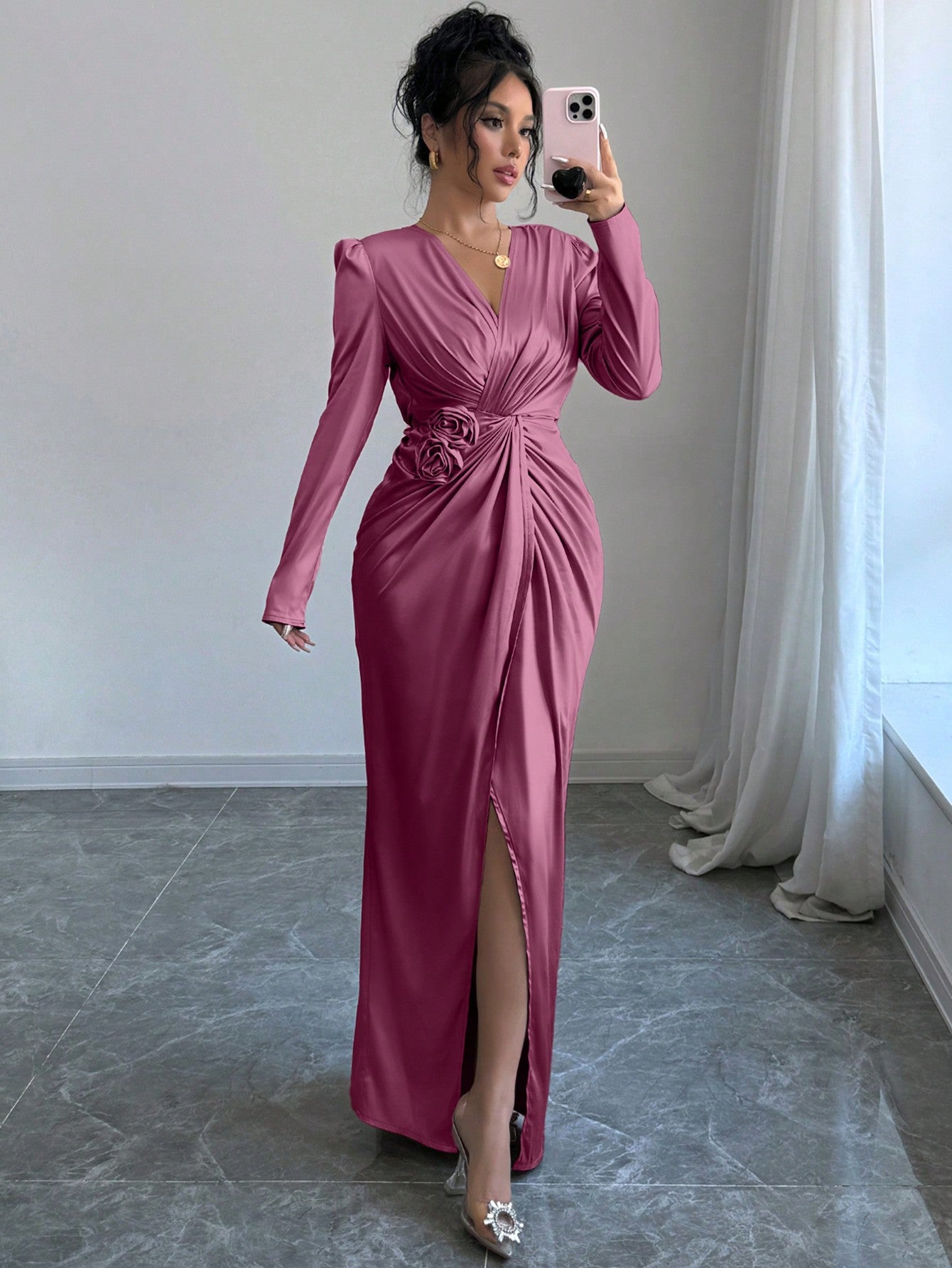 autumn wrap dress Elegant 3D Floral Wrap Dress with Twist Knot Detail for Autumn
