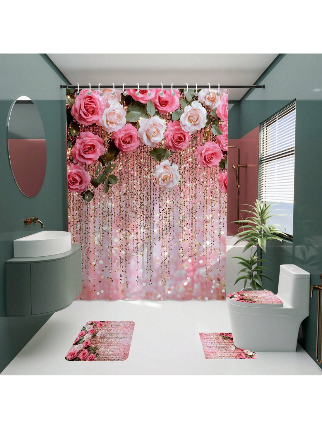Add a splash of charm to your bathroom with this playful 4-piece pink rose set! Featuring a shower curtain, rug, toilet cover, and bath mat, each piece blooms with delicate rose designs that brighten your space. Soft, cozy, and easy to clean, this set turns everyday routines into a delightful floral escape. Perfect for adding a touch of whimsy and elegance to your home decor!