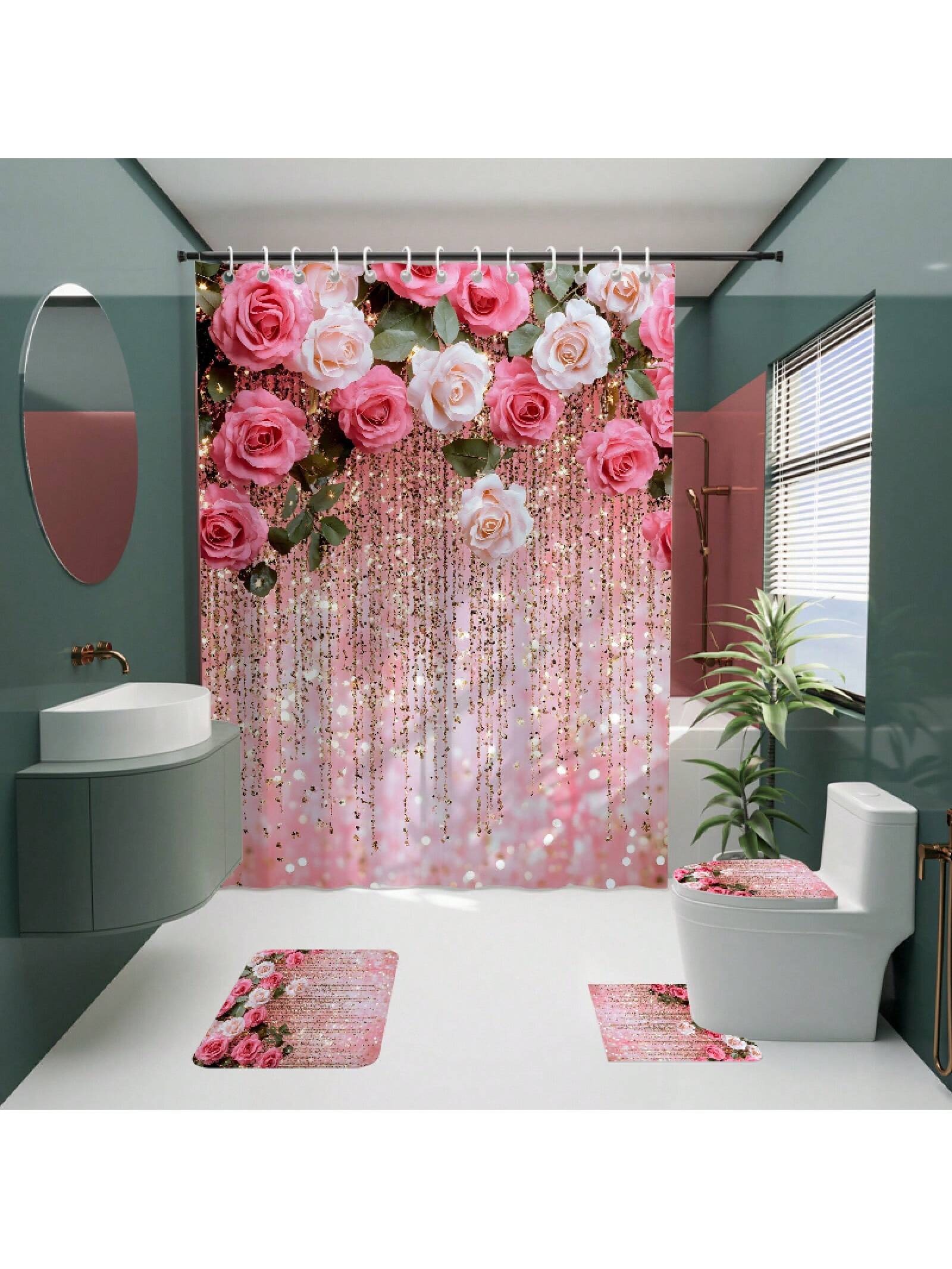 Add a splash of charm to your bathroom with this playful 4-piece pink rose set! Featuring a shower curtain, rug, toilet cover, and bath mat, each piece blooms with delicate rose designs that brighten your space. Soft, cozy, and easy to clean, this set turns everyday routines into a delightful floral escape. Perfect for adding a touch of whimsy and elegance to your home decor!