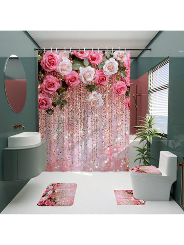 Add a splash of charm to your bathroom with this playful 4-piece pink rose set! Featuring a shower curtain, rug, toilet cover, and bath mat, each piece blooms with delicate rose designs that brighten your space. Soft, cozy, and easy to clean, this set turns everyday routines into a delightful floral escape. Perfect for adding a touch of whimsy and elegance to your home decor!