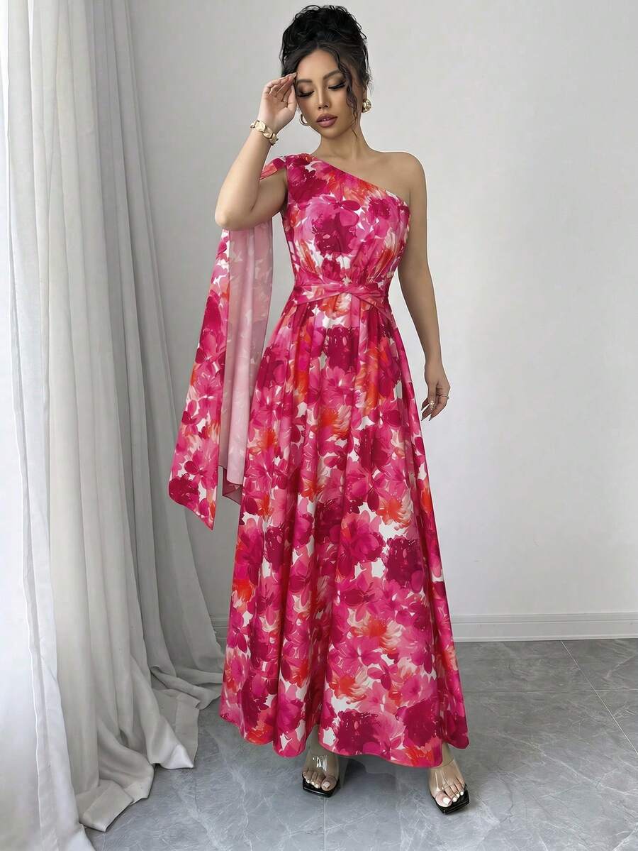 Back view of flowing pink A-line dress for evening occasions