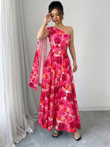 Back view of flowing pink A-line dress for evening occasions