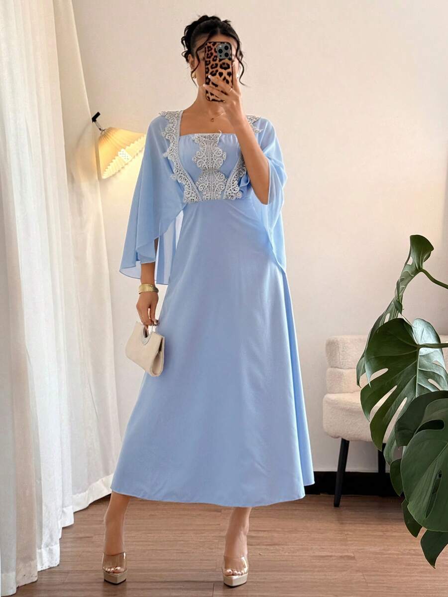 This elegant A-line dress is perfect for young ladies wanting to make a statement this spring and summer. The silver lace trim adds a touch of glamour while the chiffon shawl adds a hint of femininity. Step out in style with this eye-catching dress!