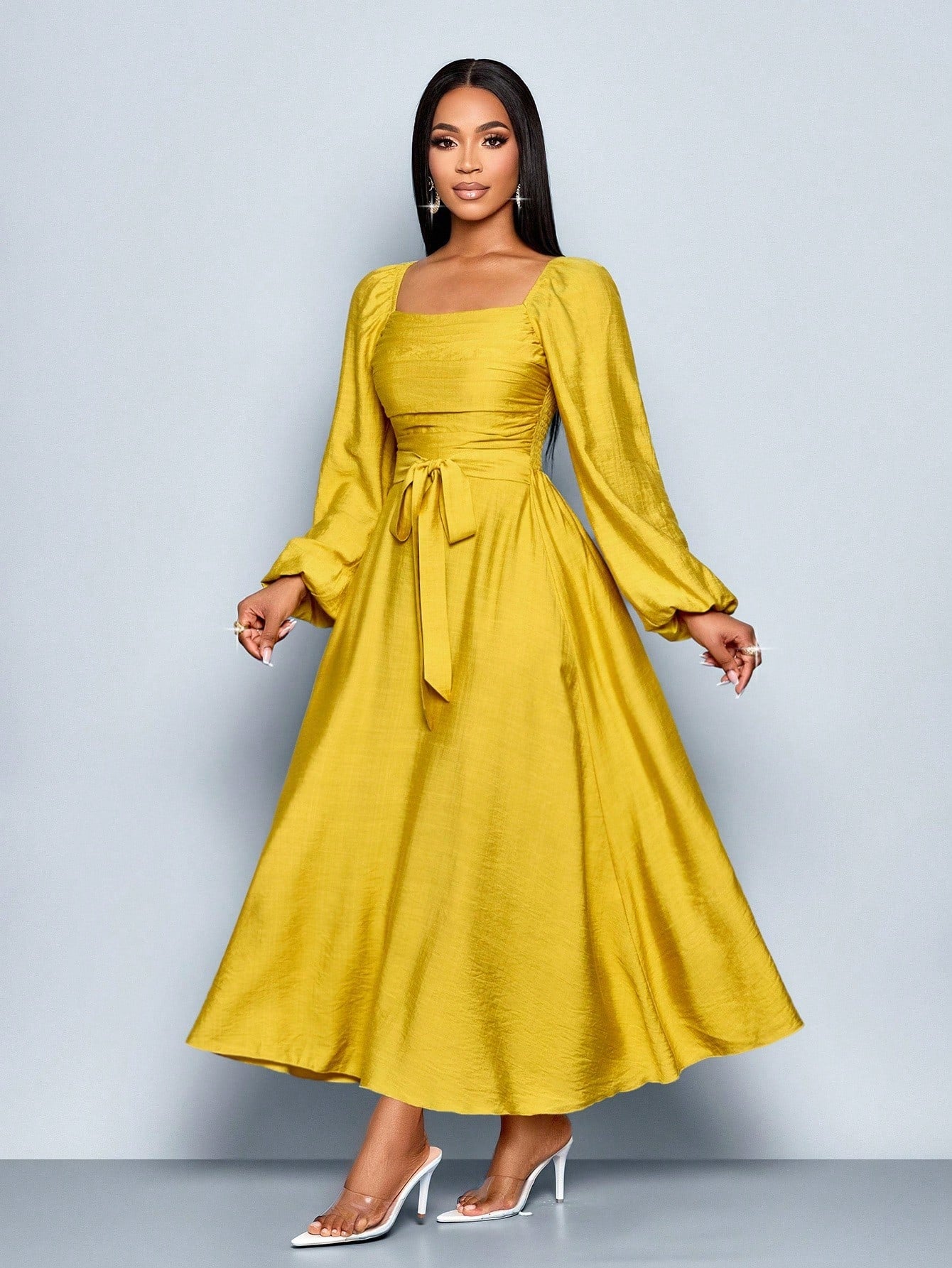 Step into spring and summer with this playful yet elegant A-line dress. Its flattering square neckline pairs perfectly with long sleeves, offering just the right balance of coverage and charm. The ruffle hem adds a flirty touch, making every movement feel light and breezy. Ideal for sunny days and warm evenings, this dress effortlessly combines comfort and style for your seasonal wardrobe.