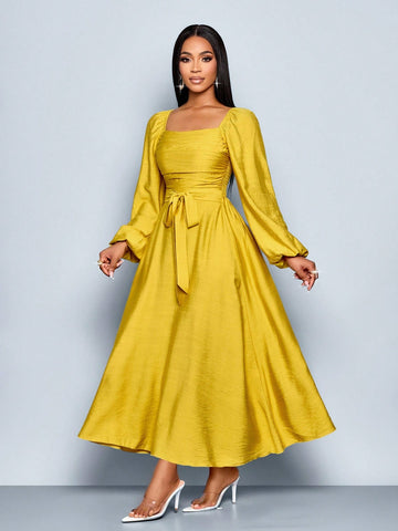 Step into spring and summer with this playful yet elegant A-line dress. Its flattering square neckline pairs perfectly with long sleeves, offering just the right balance of coverage and charm. The ruffle hem adds a flirty touch, making every movement feel light and breezy. Ideal for sunny days and warm evenings, this dress effortlessly combines comfort and style for your seasonal wardrobe.