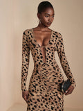 Make a statement in this stunning leopard print maxi dress that effortlessly blends wild sophistication with timeless elegance. The plunging V-neckline and strategic ruching create a flattering silhouette that moves beautifully with you, while the all-over print adds that perfect touch of daring glamour. Perfect for autumn evenings, upscale gatherings, or whenever you want to turn heads. Slip into luxury and let your confidence shine as bright as your style.