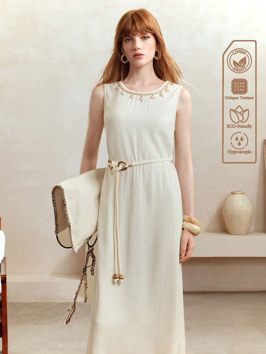 Step into autumn with a playful twist in this Elegant Apricot Linen Midi Dress. Its breezy sleeveless design and round neck keep things light, while the hemp rope belt adds a charming, rustic touch. Perfect for crisp days, this dress blends comfort and style effortlessly, making every moment feel like a cozy, sunlit stroll.