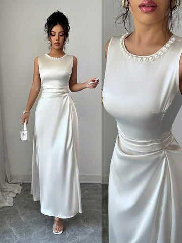 Champagne satin midi dress view 1