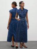 Elegant Aqua Blue Denim Shirt Dress with Bowknot and Open Back for Autumn Picnics 