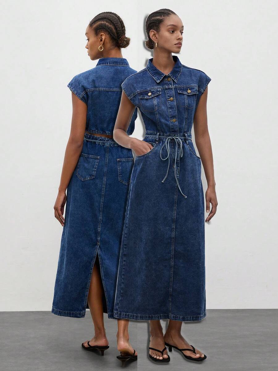 Elegant Aqua Blue Denim Shirt Dress with Bowknot and Open Back for Autumn Picnics 