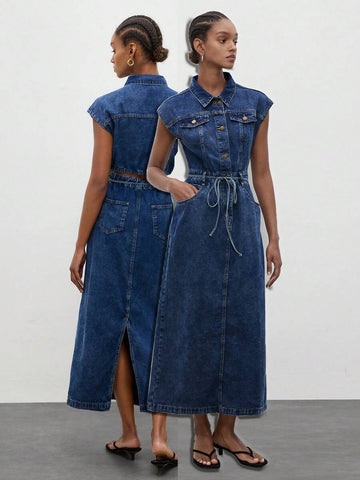 Elegant Aqua Blue Denim Shirt Dress with Bowknot and Open Back for Autumn Picnics 