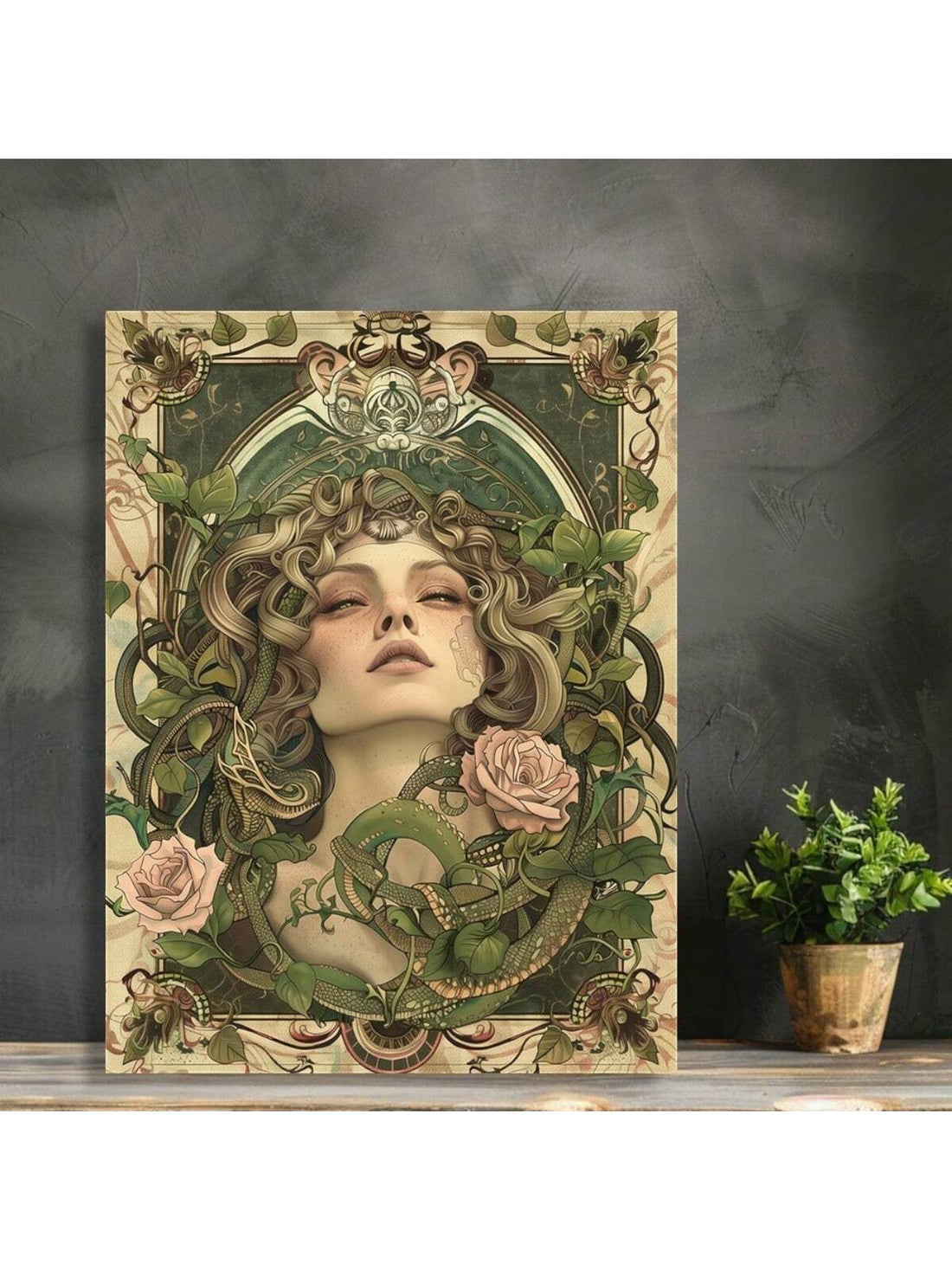 Bring a touch of vintage charm and playful mystique to your space with this Elegant Art Deco Medusa Canvas Wall Art. Featuring a captivating Medusa surrounded by swirling snakes and delicate roses, this piece adds a luxurious yet whimsical vibe to any room. Perfect for those who love bold, artistic statements with a hint of classic allure.