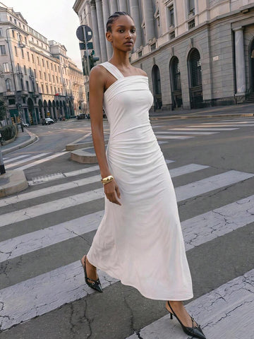 Shop an elegant asymmetric collar mid length dress, perfect for summer parties, weddings, brunch dates, garden celebrations, and special occasions.