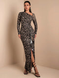 This leopard print dress is a fun and flirty choice for any occasion. Its unique asymmetric design adds an elegant touch to your look, perfect for cocktail parties, dates, and special occasions in the cooler months. Get ready to turn heads and feel confident in this stylish dress!