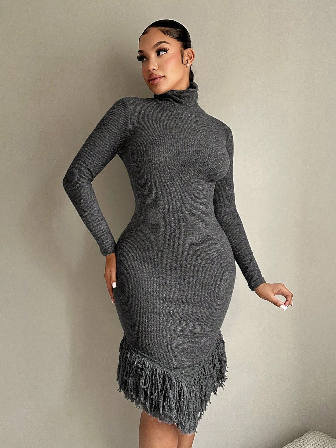 This elegant asymmetrical high neck dress is perfect for any occasion, featuring stunning long sleeves for added sophistication. Made with high-quality materials, this dress is guaranteed to make you stand out. Elevate your style with this versatile and classy piece.