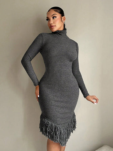 This elegant asymmetrical high neck dress is perfect for any occasion, featuring stunning long sleeves for added sophistication. Made with high-quality materials, this dress is guaranteed to make you stand out. Elevate your style with this versatile and classy piece.