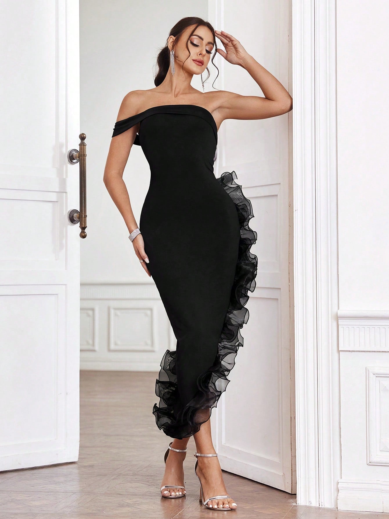 chinese dress ladies Rohe Black Asymmetrical Off Shoulder Maxi Dress