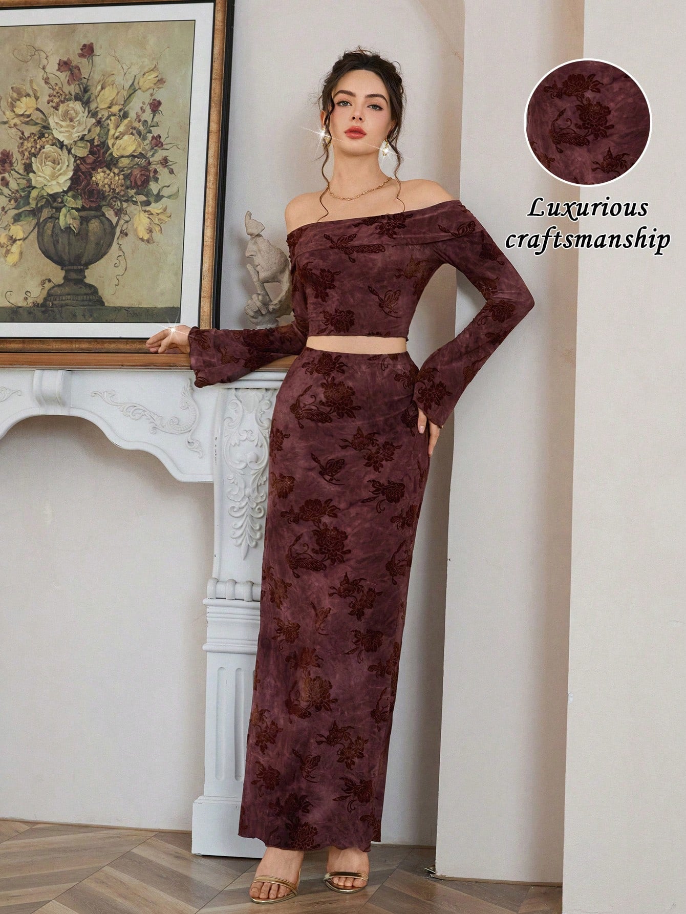 Embrace the season with this stunning two-piece set that effortlessly transitions from brunch to evening plans. The V-neck ruched top flatters your silhouette while the flowing A-line maxi skirt moves beautifully with every step. Featuring an enchanting dry leaf print that captures autumn's magic, this set brings warmth and sophistication to your wardrobe. Mix and match the pieces for endless styling possibilities, or wear them together for an instantly polished look. Perfect for those moments when you want