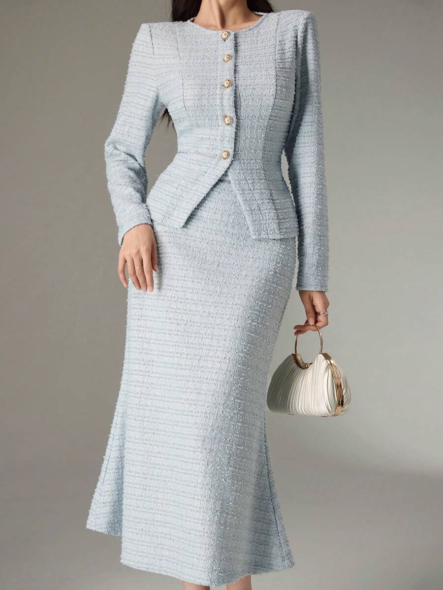 Embrace the season in style with this chic two-piece ensemble that's equal parts sophisticated and fun. The tailored solid-color jacket pairs perfectly with a graceful mermaid hem skirt, creating an effortlessly polished look for any autumn occasion. Whether you're heading to brunch, a dinner date, or a special event, this versatile set transitions seamlessly from day to night. The structured jacket adds a touch of elegance while the flowing skirt brings movement and flair. Perfect for anyone who loves time