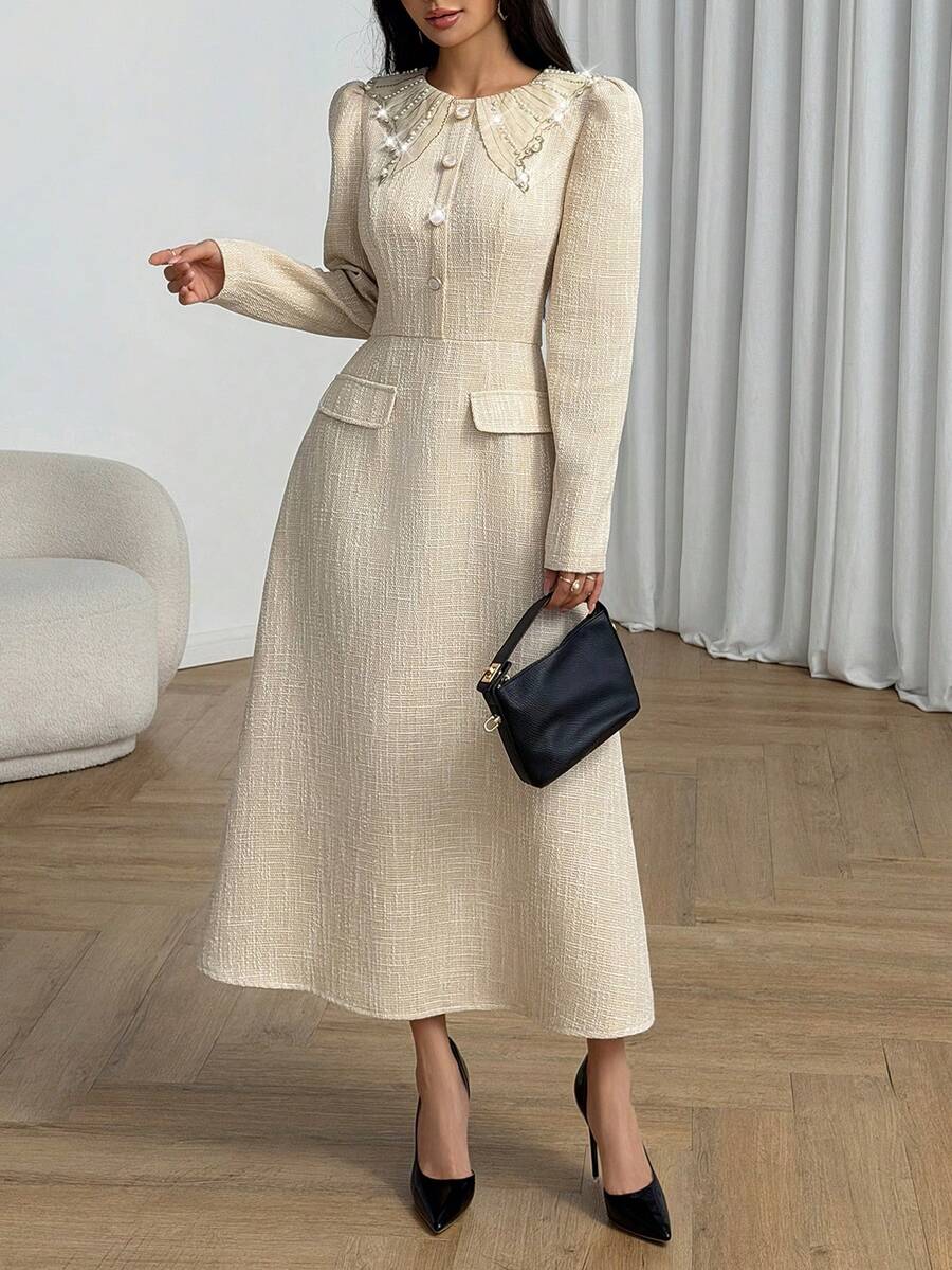 Embrace timeless elegance with this sophisticated A-line dress, perfect for autumn gatherings and formal occasions. Featuring a charming Peter Pan collar with tweed detailing and functional faux pockets, this midi dress combines style with practicality. The high-waisted silhouette and graceful flared hem create a flattering, feminine shape, while extra-long puff sleeves add a touch of vintage-inspired charm. Crafted from 100% polyester for durability and easy care.