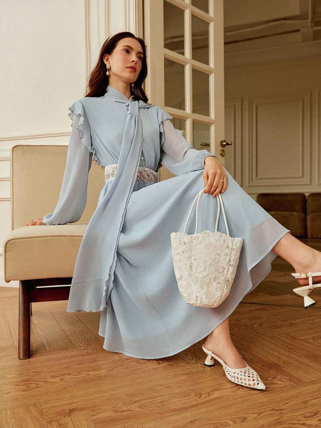 Step into a world of whimsy with this Elegant Autumn Chiffon Lace Dress. Delicately crafted with soft chiffon and intricate lace, its ruffle trim adds a playful twirl to your every move. Perfect for romantic garden strolls or brightening your everyday moments, this dress blends comfort and charm for a look that's effortlessly enchanting.