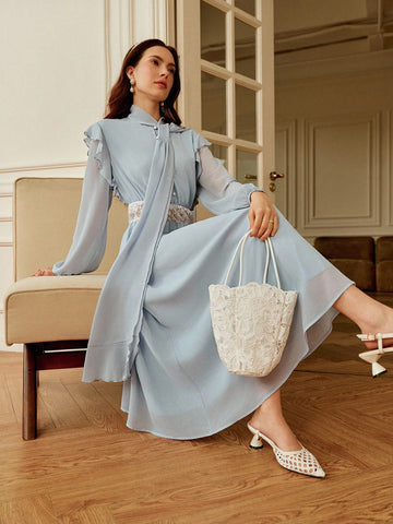 Step into a world of whimsy with this Elegant Autumn Chiffon Lace Dress. Delicately crafted with soft chiffon and intricate lace, its ruffle trim adds a playful twirl to your every move. Perfect for romantic garden strolls or brightening your everyday moments, this dress blends comfort and charm for a look that's effortlessly enchanting.