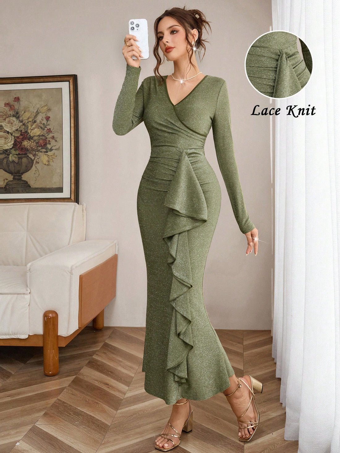 Step into the season with effortless sophistication. This stunning maxi dress features a flattering V-neckline and eye-catching ruffle hem that twirls with every move. Perfect for autumn celebrations, weddings, and special occasions, it combines timeless elegance with a modern playful edge. The flowing silhouette drapes beautifully, making you feel confident and radiant from the first moment you slip it on. Whether you're dancing at a party or making an entrance at an event, this dress delivers show-stoppin