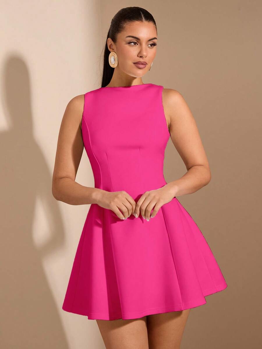Hot pink sleeveless skater mini dress with high boat neck fitted bodice and flared skirt
