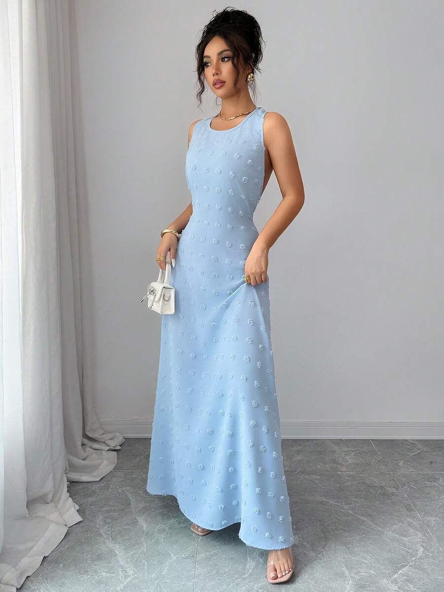 Blue backless A-line dress view 3