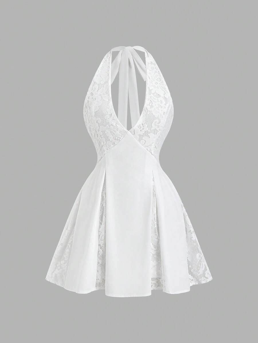 Front view of backless lace mini dress for elegant party moments