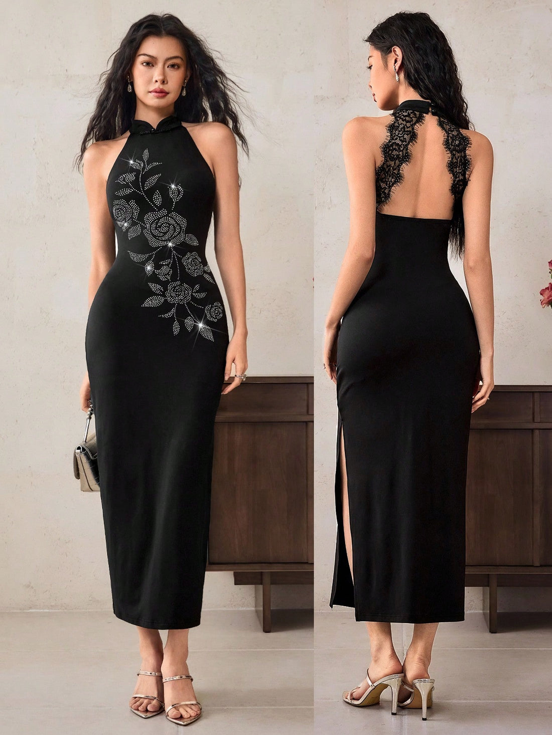 Turn heads with this playful mid-length dress featuring a daring backless design. Delicate lace patchwork and sparkling rhinestones add a touch of glam, making it perfect for parties or nights out. Feel confident and chic while embracing your fun, flirty side in this standout piece.