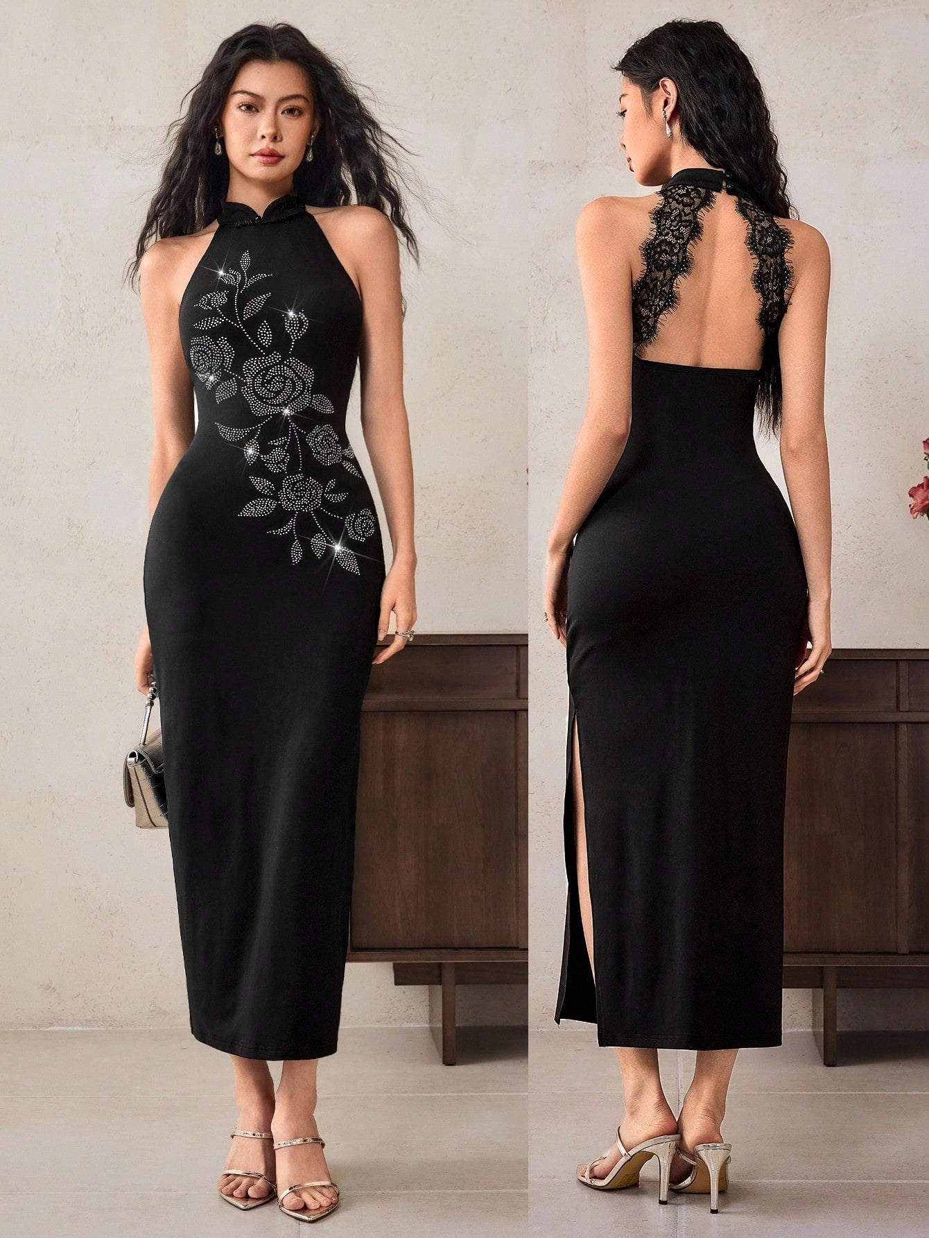 Turn heads with this playful mid-length dress featuring a daring backless design. Delicate lace patchwork and sparkling rhinestones add a touch of glam, making it perfect for parties or nights out. Feel confident and chic while embracing your fun, flirty side in this standout piece.