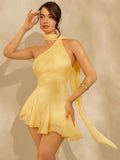 This stunning dress features a playful one-shoulder design and elegant ruffles, perfect for making a stylish statement. The backless design adds an alluring touch, making it a versatile choice for both formal occasions and fun nights out. Stand out in this unique and bold yellow dress!(only use one exclamation point)