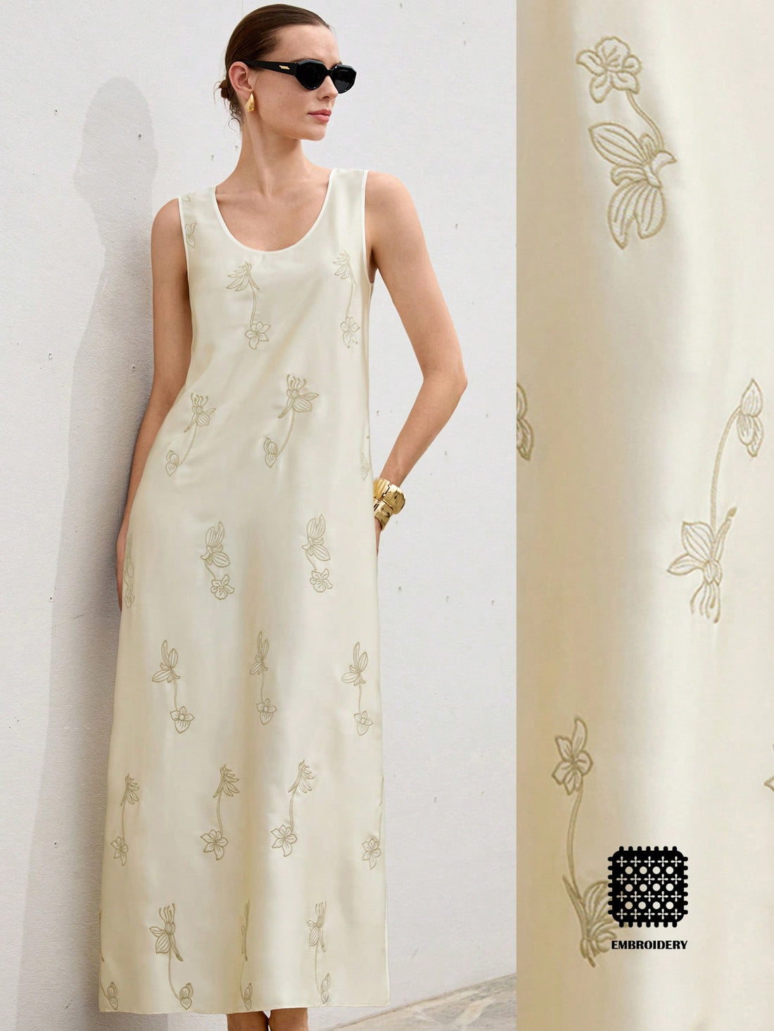 Turn heads with this Elegant Beige Satin Bodycon Dress, featuring delicate floral embroidery and a flattering U-neck. Its sleeveless design keeps things breezy, while the smooth satin fabric hugs your curves for a chic, confident look. Perfect for parties or a night out when you want to feel effortlessly fabulous!