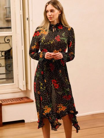Make a statement this autumn with our stunning black floral maxi dress—where sophistication meets fun! The high neckline keeps things polished for the office, while the asymmetric ruffle hem adds a playful twist that transitions seamlessly from boardroom to brunch. Crafted for those who refuse to choose between elegance and personality, this versatile piece layers beautifully over turtlenecks or stands alone as your go-to dress for any occasion. Effortlessly chic, endlessly wearable.