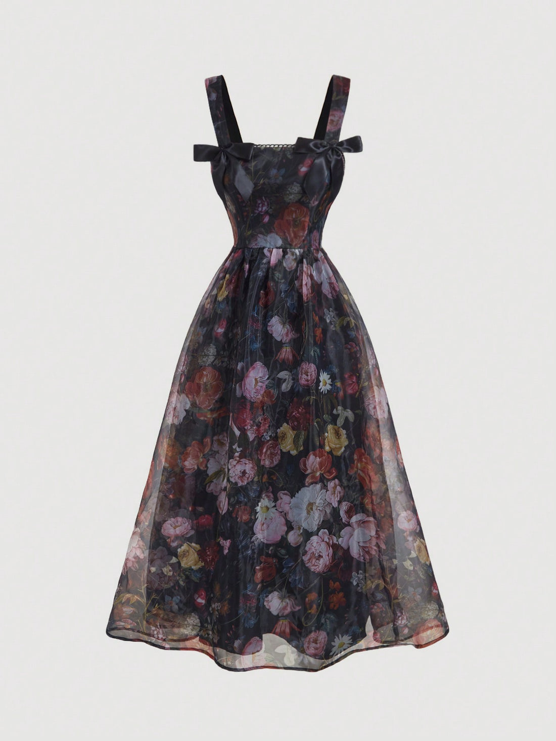 Step into the spotlight with this elegant black vintage long dress, adorned with a charming floral print and a playful bowknot detail. Perfect for homecoming nights or Halloween festivities, it blends timeless style with a touch of whimsy to make you feel confident and festive wherever you go.