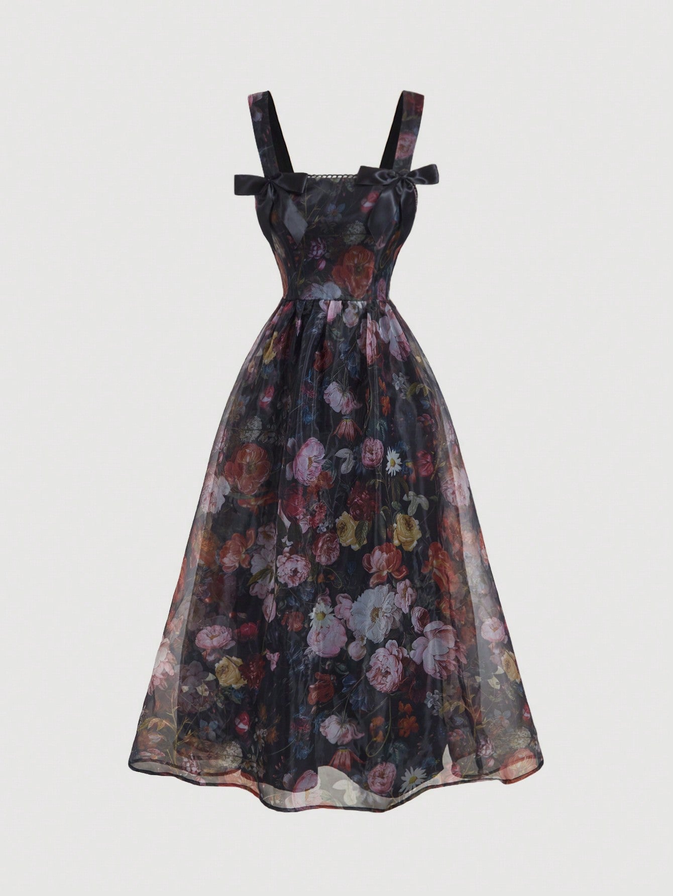 Step into the spotlight with this elegant black vintage long dress, adorned with a charming floral print and a playful bowknot detail. Perfect for homecoming nights or Halloween festivities, it blends timeless style with a touch of whimsy to make you feel confident and festive wherever you go.
