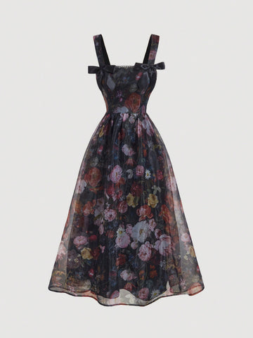Step into the spotlight with this elegant black vintage long dress, adorned with a charming floral print and a playful bowknot detail. Perfect for homecoming nights or Halloween festivities, it blends timeless style with a touch of whimsy to make you feel confident and festive wherever you go.