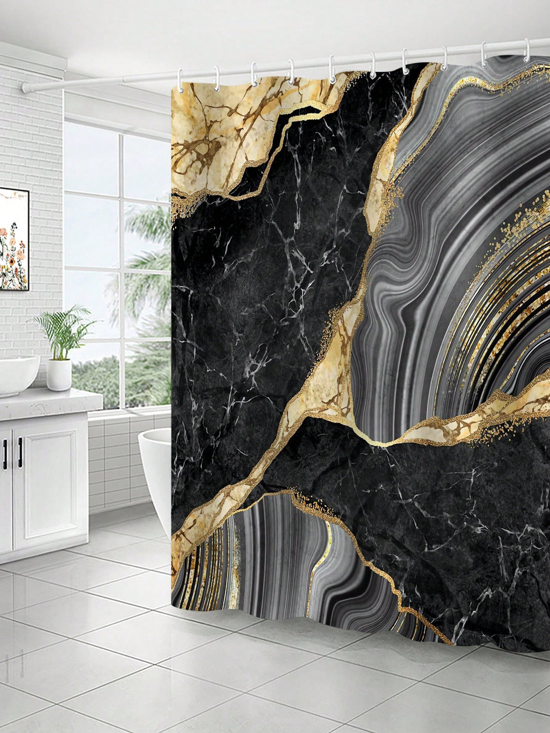 Update your bathroom with our Elegant Black & Gold Marble Shower Curtain! This modern design not only adds a touch of elegance to your space, but is also waterproof and mildew-proof. Say goodbye to boring shower curtains and hello to a stylish and functional addition to your decor!
