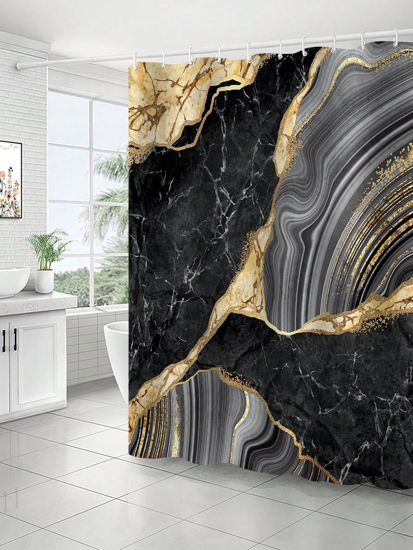 Update your bathroom with our Elegant Black & Gold Marble Shower Curtain! This modern design not only adds a touch of elegance to your space, but is also waterproof and mildew-proof. Say goodbye to boring shower curtains and hello to a stylish and functional addition to your decor!