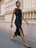 Elegant Black Gold Ribbed Midi Dress with Cinched Waist for Summer and Autumn 