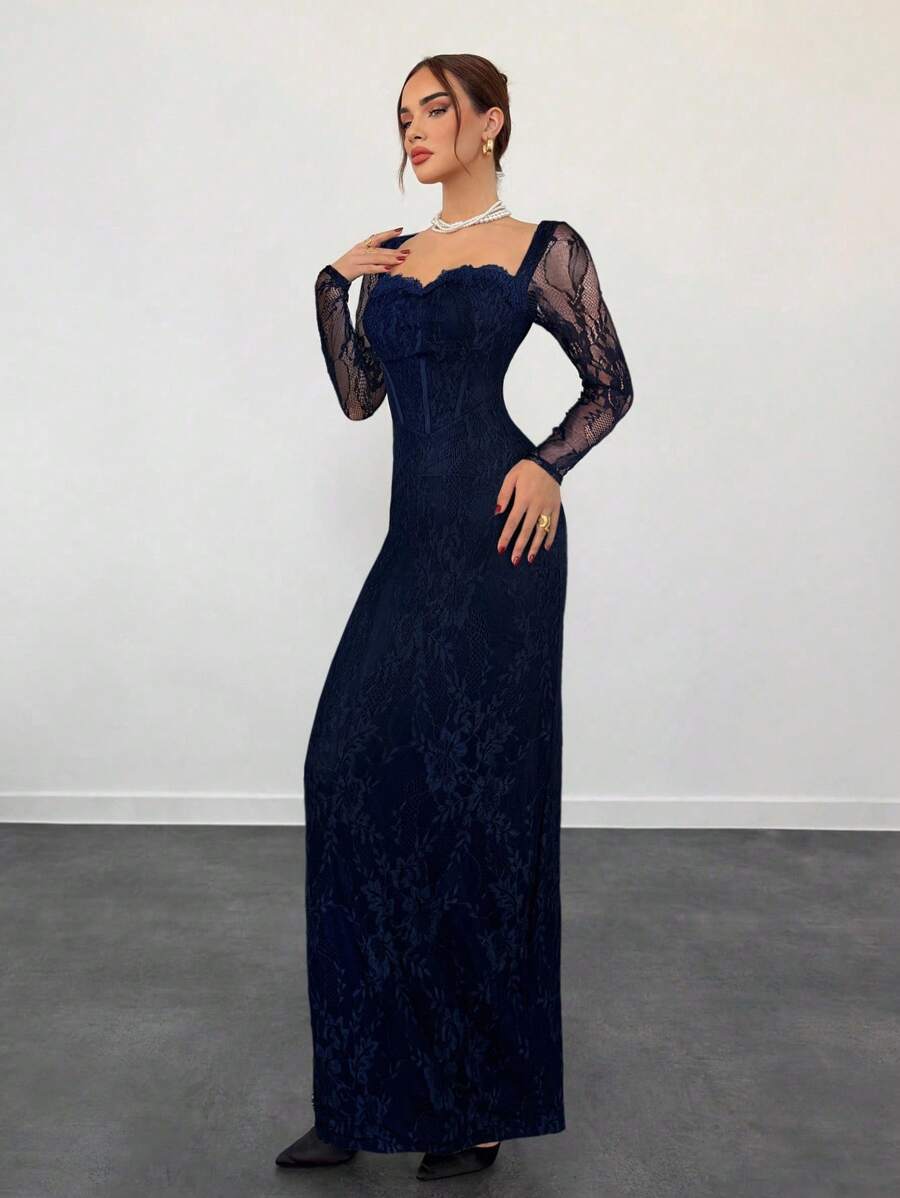 Navy lace long sleeve bustier maxi dress front view