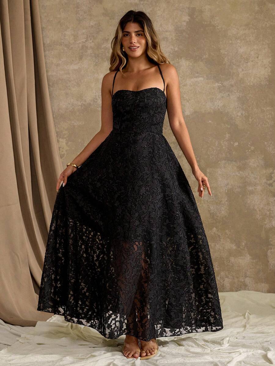 Shop an elegant black lace maxi dress for women. Perfect for formal evenings, weddings, cocktail receptions, dinners, parties, and special occasions.