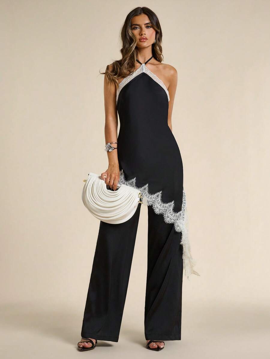 Back view of Elegant Black Lace Patchwork 2-Piece Summer Set for Charming Looks for women styling