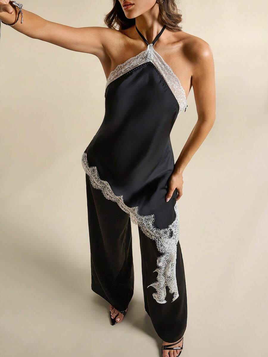 Front view of Elegant Black Lace Patchwork 2-Piece Summer Set for Charming Looks for women styling