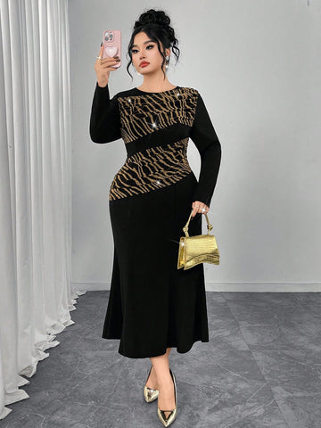 Make waves in this stunning mermaid dress that blends timeless elegance with bold animal print flair. The sleek black silhouette features eye-catching gold and brown zebra stripes, while long sleeves with a clever splice design add modern sophistication. Perfect for turning heads at special events, date nights, or whenever you want to channel your inner siren. This dress combines classic mermaid tailoring with playful print details for a look that's undeniably unforgettable.