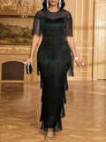 Make a statement at your next event in this stunning black party dress that perfectly blends sophistication with eye-catching flair. Featuring intricate sequin mesh patchwork that catches the light beautifully and playful tassel details that add movement and personality, this dress transforms any occasion into a glamorous affair. The elegant silhouette flatters your figure while the shimmering embellishments ensure all eyes are on you. Whether you're heading to a cocktail party, celebration, or night out, t
