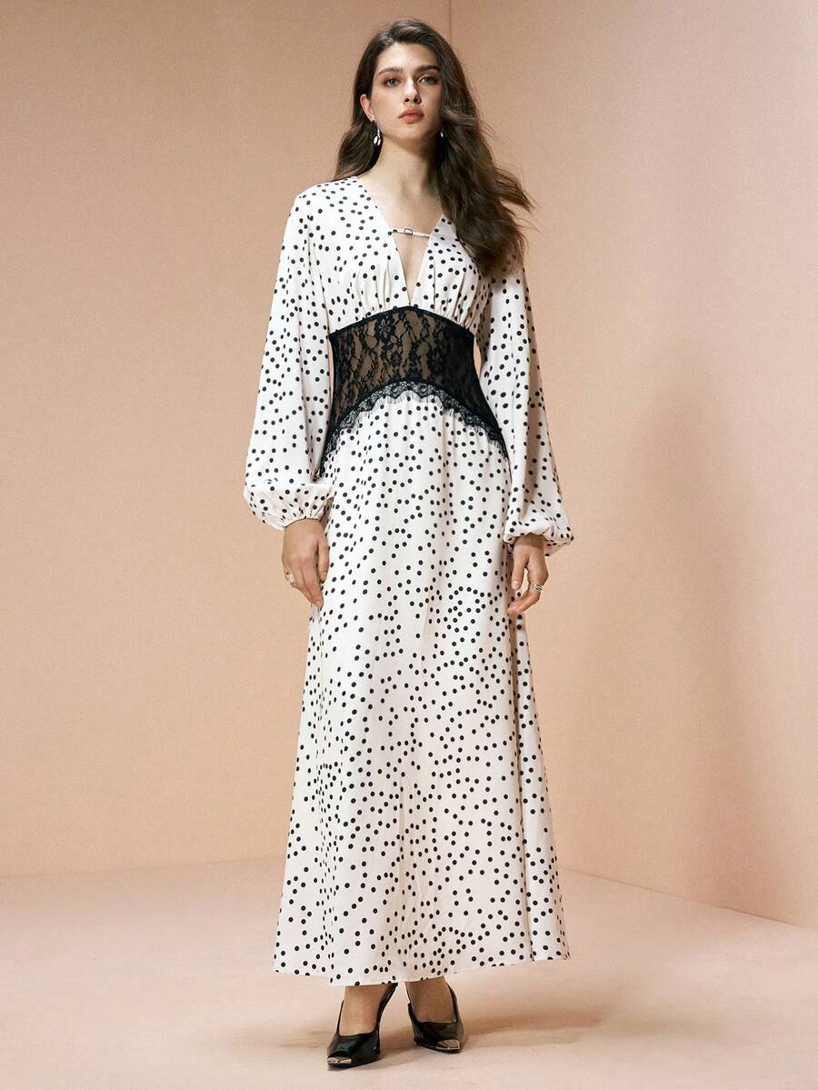 Elevate your wardrobe with this stunning black polka dot dress, featuring a flattering V-neckline and romantic puff sleeves. The high-waisted A-line silhouette flows beautifully with a flared hem, while delicate lace trim adds an extra touch of sophistication. Perfect for spring and summer occasions, this elegant piece combines timeless style with modern details. Crafted from 100% polyester for easy care, it's ideal for formal events, evening gatherings, and special celebrations. The back zipper ensures a s