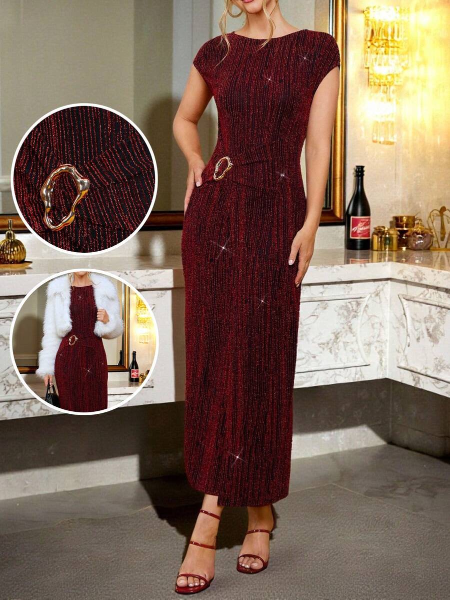 Turn heads at your next special event in this stunning black sequin velvet dress! The luxurious velvet fabric shimmers with eye-catching sequins, while the flattering pleated design adds movement and dimension. A sleek metal buckle detail cinches the waist for a polished, sophisticated look. Whether you're dancing the night away at a wedding, making a grand entrance at prom, or celebrating at an upscale party, this dress delivers glamour and confidence in every step. Versatile enough to dress up or down, it